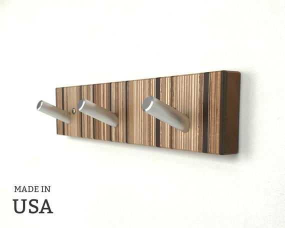 Modern Bathroom Hook, Unique Towel Hook in Striped Wood with Metal Pegs by andrewsreclaimed