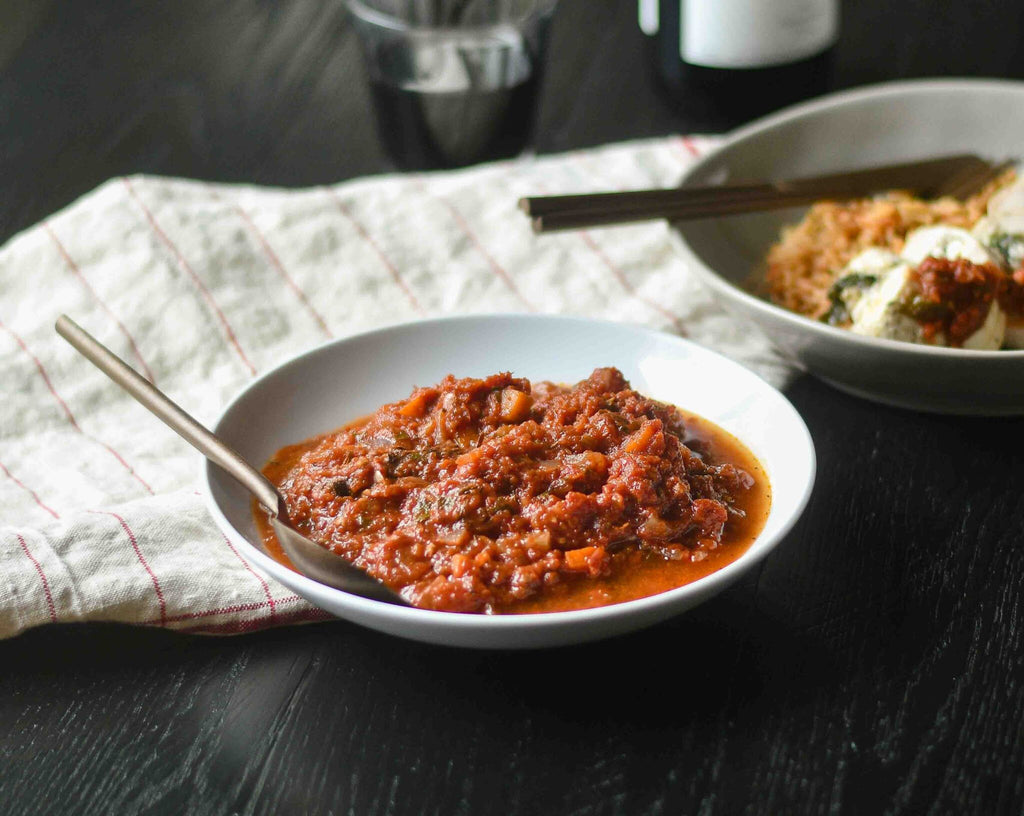 Homemade Greek Tomato Sauce for Chicken Roulade stuffed with Feta