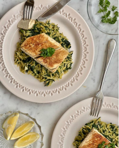 Creamy lemon orzo recipe with vegan fish fillet barilla foodaware