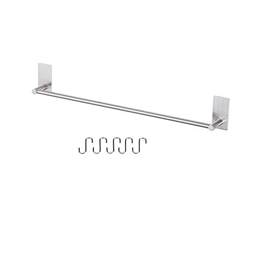 Togu 21.6 inch Self Adhesive Single Towel Bar with 10 S Hooks, Heavy Duty SUS 304 Stainless Steel, Stick on Bathroom Lavatory with Square Base Hanging Towel, Brushed Stainless Steel Finish