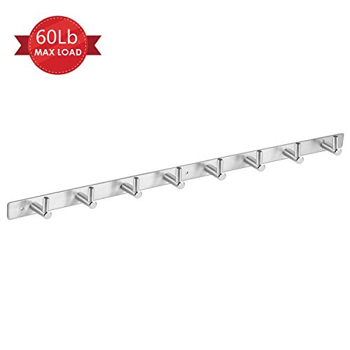 Amzdeal Wall Mounted Coat Rack - 8 Pegs 24" Modern Hook Rail for Clothes Caps Hats Belts Keys, Anti-Rust, Sturdy, Heavy Duty, 304 Stainless Steel, Silver, Can Hold 30kg
