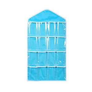 Cinhent Bag 16 Transparent Pockets Portable Convenient and Lightweight Clear Hanging Closet, Socks Bra Underwear Rack Organizer Hanger Polyester Storage Bag (Blue)