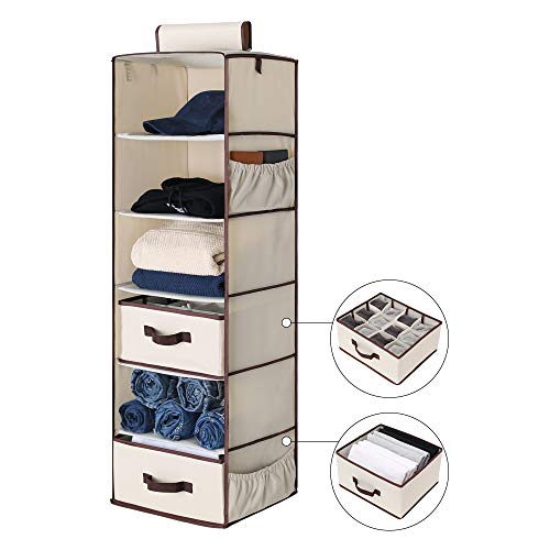 StorageWorks 6-Shelf Hanging Closet Organizer, Foldable Hanging Dresser with 1 Drawer & 1 Underwear/Socks Drawer, 42.5”H x 13.6”W x 12.2”D