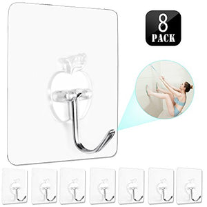 Powerful Transparent Wall Hook,HENGSHENG Heavy Duty Adhesive Hooks(13 lb Max) Reusable/Seamless Scratch/Waterproof and Oilproof,Suitable for Ceiling,Kitchen,Bathroom, Cubicle - 8 Hooks