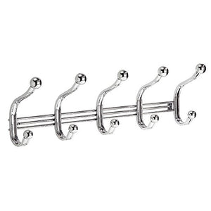 InterDesign York Lyra Wall Mount Storage Rack – Hanging Hooks for Jackets, Coats, Hats, Scarves - 5 Dual Hooks, Chrome