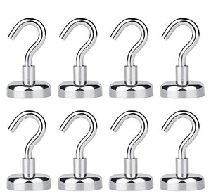 40+LB Magnetic Hooks - Strong Powerful Heavy Duty Neodymium Magnets - 8 Hook Set - 3M Stickers No Scratch - Use for Home Kitchen Office Garage Outdoor Hanging
