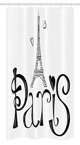 Ambesonne Paris Stall Shower Curtain, Illustration with Eiffel Tower France Heart Shapes Silhouette Vacation Theme Art, Fabric Bathroom Decor Set with Hooks 36 W x 72 L inches, Black White