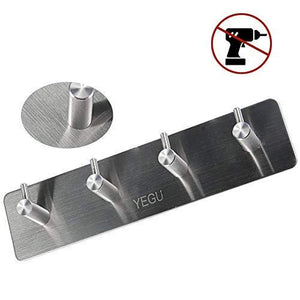 3M Self Adhesive Hooks Key Rack,Yegu Brushed SUS304 Stainless Steel Heavy Duty Coat Hanger Purse Robe Towel 4-Hook Rail for Bathroom Lavatory Kitchen Contemporary Style Wall Mount No Drilling