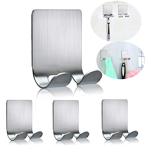 Razor Holder for Shower Multi Purpose Adhesive Hooks Sticky Stainless Steel Shower Phone Holder Hooks for Hanging Shaving Razor, Plug, keys, Kitchen Utensils, Towel, Robe, Loofah and more-4 Packs