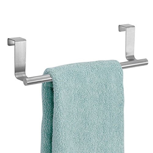 mDesign Decorative Kitchen Over Cabinet Towel Bar - Hang on Inside or Outside of Doors, Storage and Display Rack for Hand, Dish, and Tea Towels - 9" Wide, Brushed Stainless Steel