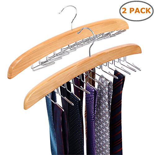 Ohuhu Wooden Tie Hanger Rotating Twirl 24 Ties Organizer Rack Hanger Holder Hook (2-Pack)