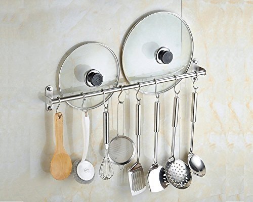 Wall mounted Stainless Steel Kitchen Tool Pot Rack Utensils organizer Pan Hanger with 10 Utility hooks (22-In)