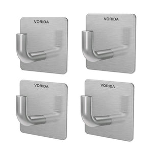 Vorida Adhesive Hooks Heavy Duty Wall Hook Waterproof Stainless Steel Hook Sticky Wall Hanger Hanging for Kitchen Bathroom Home Towel, Robe, Coat, Bags, Lights, Calendars (Adhesive Hooks-4 Pieces)