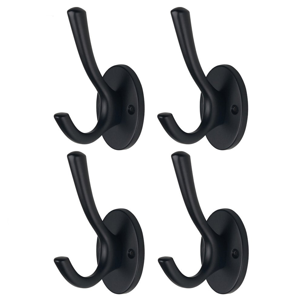 Mellewell 4 Pack Double Coat and Robe Hook for Bathroom and Bedroom Heavy Duty Wall Mount Flat Black, 09003B4