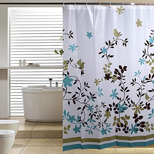 Blu-Pier Decorative PEVA Mildew Free Water Repellant Shower Curtain 72x72 Comes With 12 Hooks (Birds and Leaves)