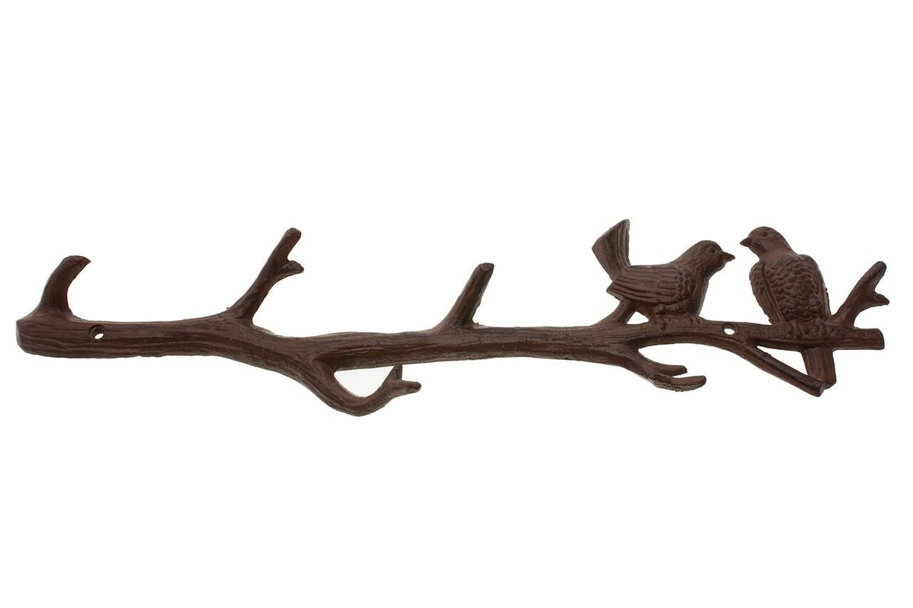 Cast Iron Birds On Branch Hanger With 6 Hooks | Decorative Cast Iron Wall Hook Rack | For Coats, Hats, Keys, Towels, Clothes | 18.5x2x4.5" - With Screws And Anchors By Comfify (Rust Brown)