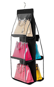 6 Pockets Hanging Closet Organizer Clear Easy Accees Anti-dust Cover Handbag Purse Holder Storage Bag Collection Shoes Clothes Space Saver Bag with a Hanging Hook (Black)