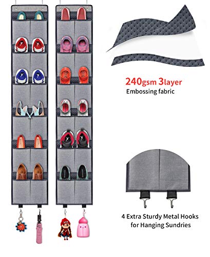 Onlyeasy Over The Door Hanging Shoe Storage Organizer Shoe Rack Set with Total 24 Large Pockets and 4 Sets Metal Hooks Grey, MX3G12GP2