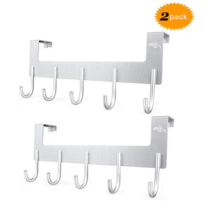 Over The Door Hook Hanger,Rongyuxuan 2 Pack Aluminum Heavy Duty Organizer for Coat Clothes Towel Bag Robe -5 Hooks,Wall Mount Tool Holder for Home Storage Organizer