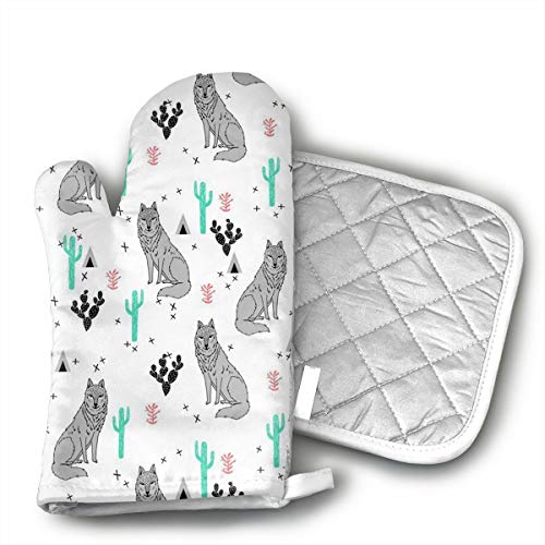Ubnz17X Wolf Cactus Oven Mitts and Pot Holders for Kitchen Set with Cotton Non-Slip Grip,Heat Resistant