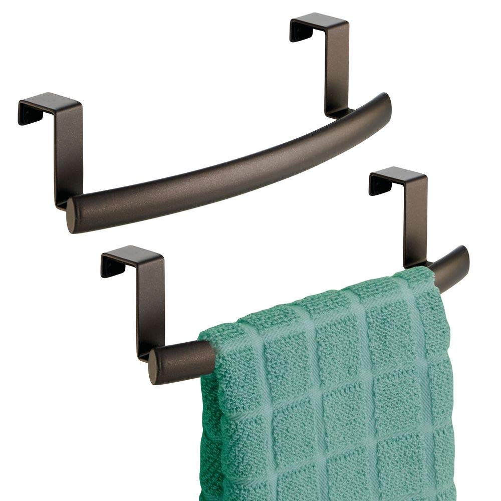 mDesign Modern Metal Kitchen Storage Over Cabinet Curved Towel Bar - Hang on Inside or Outside of Doors, Organize and Hang Hand, Dish, and Tea Towels - 9.7" Wide, 2 Pack - Bronze