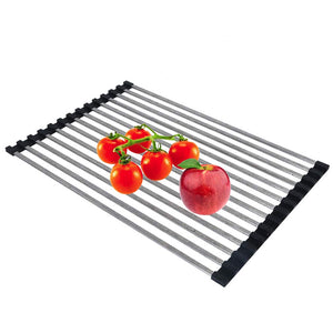 Oropy Roll up Dish Drying Rack (21''/LX13''/W) Over Sink 304 Stainless Steel Multi-function Drainer for Veggies Fruits Square Bar with A Free Hook