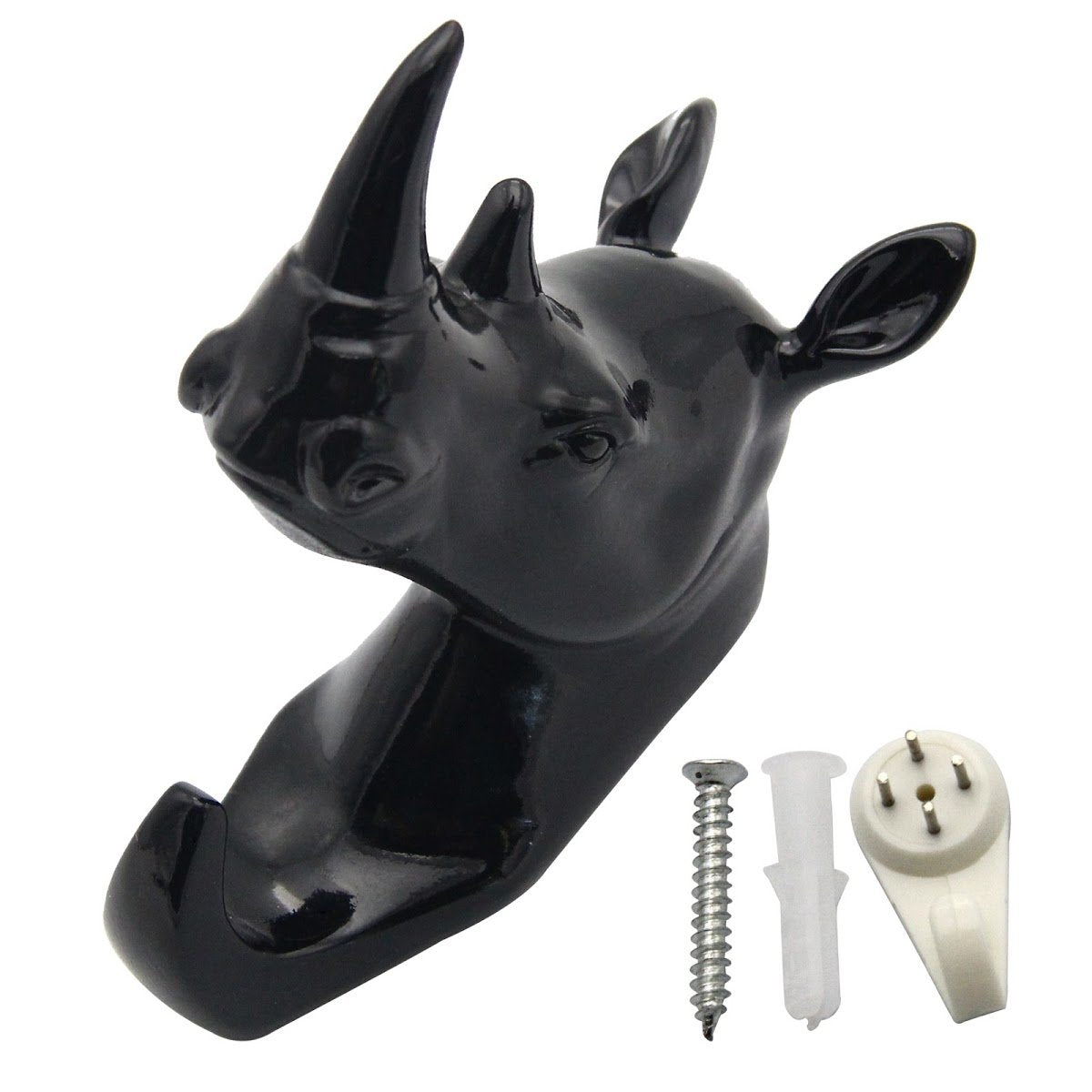 bouti1583 Single Rhino Head Wall Hanger Coat Hat Hook Animal Shaped Decorative Gift Black