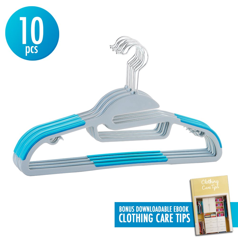 10pcs Hanger Sturdy Slim Lightweight Clothes Hangers Holder with 360-degree Swivel Stainless Steel Hooks Non-Slip S-shape Shoulders Anti-Wrinkle Space Saving Design for Shirts Scarfs Suits with Ebook