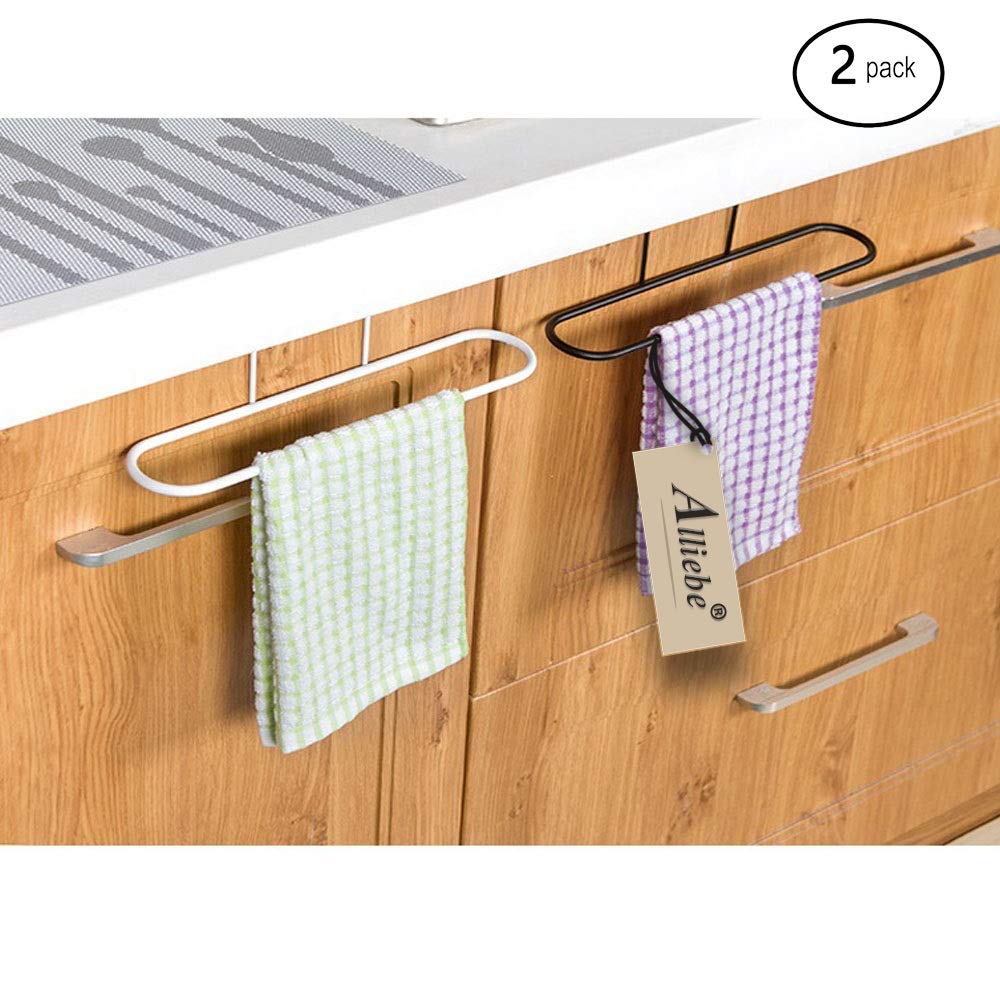 Alliebe 2pcs Towel Rack Hanging Holder for Organizer Bathroom Kitchen Cabinet Cupboard Hanger Over Door（White and Black）