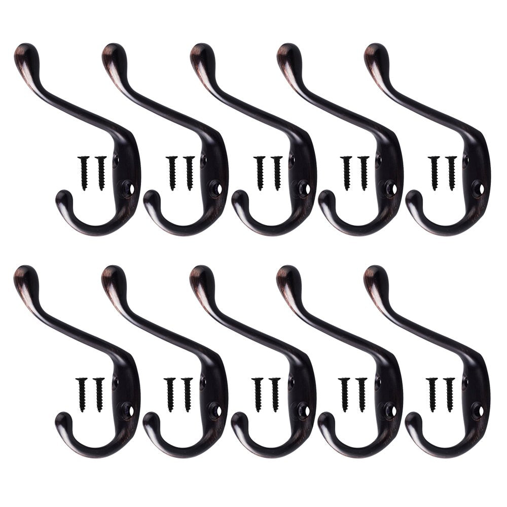 Okdeals 10 PCS Wall Mounted Dual Coat Hook, Heavy Duty Double Coat Hat Hanger with 20 Pieces Screws (Oil Rubbed Bronze)