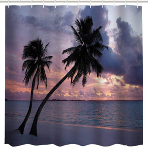 BROSHAN Hawaiian Decor Shower Curtain Set,Ocean Beach Theme Tropical Palm Tree Seaside Scenic Sunset Art Print Bathroom Curtain, Polyester Waterproof Fabric Bath Accessories with Hooks,72x72 Inch