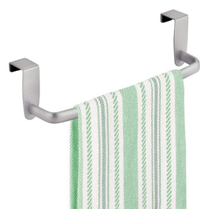 mDesign Modern Kitchen Over Cabinet Strong Steel Towel Bar Rack - Hang on Inside or Outside of Doors - Storage and Organization for Hand, Dish, Tea Towels - 9.75" Wide - Silver