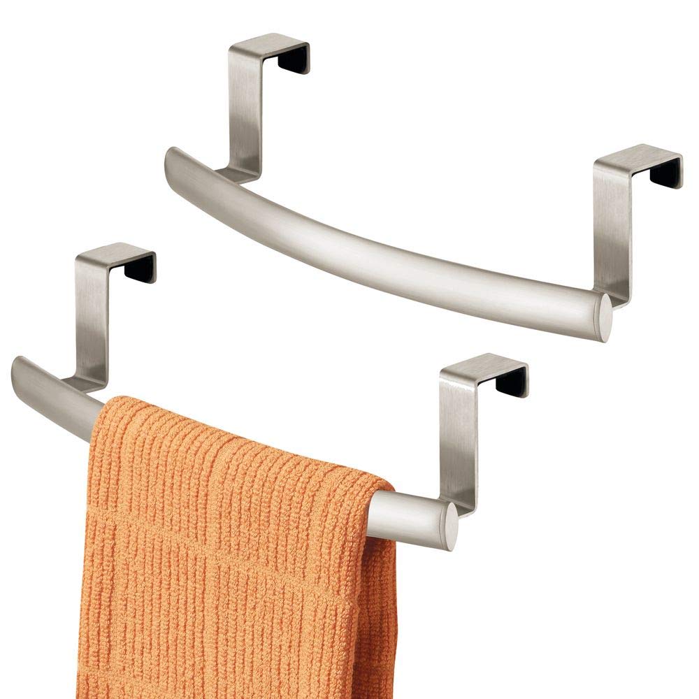 mDesign Modern Metal Kitchen Storage Over Cabinet Curved Towel Bar - Hang on Inside or Outside of Doors, Organize and Hang Hand, Dish, and Tea Towels - 9.7" Wide, 2 Pack - Satin