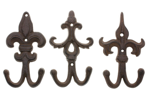 |SET OF 3| Cast Iron Fleur De Lis Double Wall Hooks / Hangers | Decorative Wall Mounted Coat Hook | Rustic Cast Iron | 3.9x1.6" | With Screws And Anchors by Comfify CA-1504-30-BR