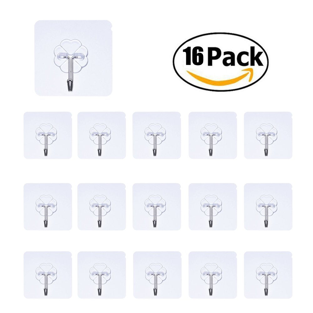 Adhesive Hooks Utility Hooks, E&jing16 Packs 21lb Heavy Duty Wall hanger Stickers with Stainless Strong Hooks-For Bathroom Corner Towel Hook Kitchen Pot Shovel Hook.