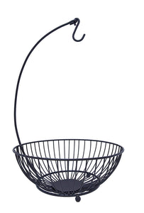 JMiles UH-FB243 Two Tier Wire Fruit Basket with Hook for Bananas - Standing Double Wire Kitchen Baskets for Fresh Produce Doubles as Single Fruit Basket with Banana Hook