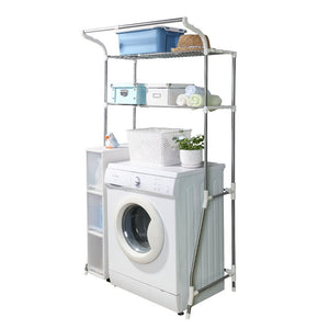 BAOYOUNI 2-Layer Over Washing Machine Storage Rack Utility Metal Bathroom Shelf 6-Hook Space Saver Width Adjustable Organization for Laundry Room Toilet (62-101cm, White)