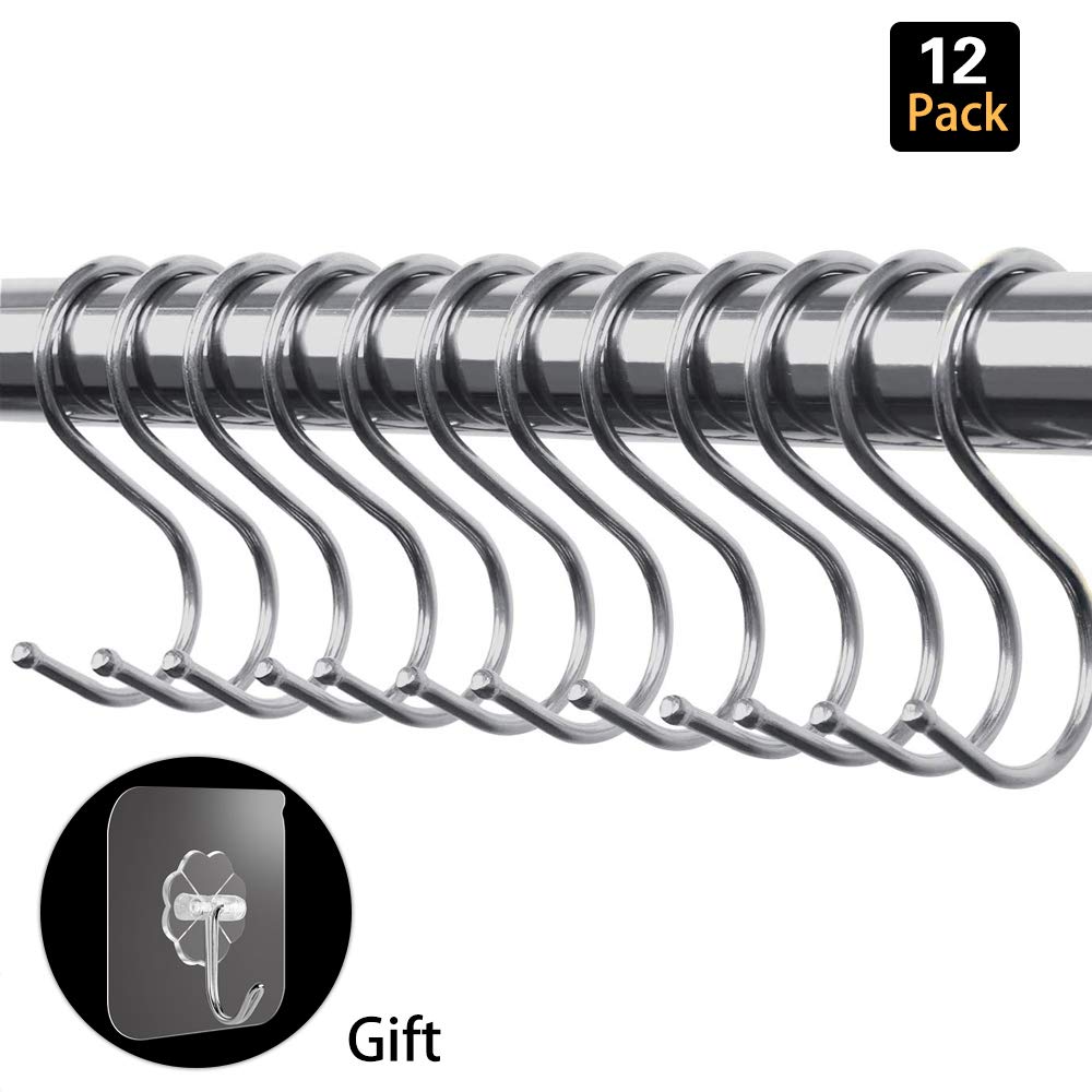 12 Pack S Hooks,Silver Stainless Steel Heavy Duty(Bearing weigh 11LB) S Shaped Kitchen Hanging Hooks 3.7" Hangers for Hanging Pot, Pan, Cups, Plants, Bags, Jeans, Towels(9.5cm)