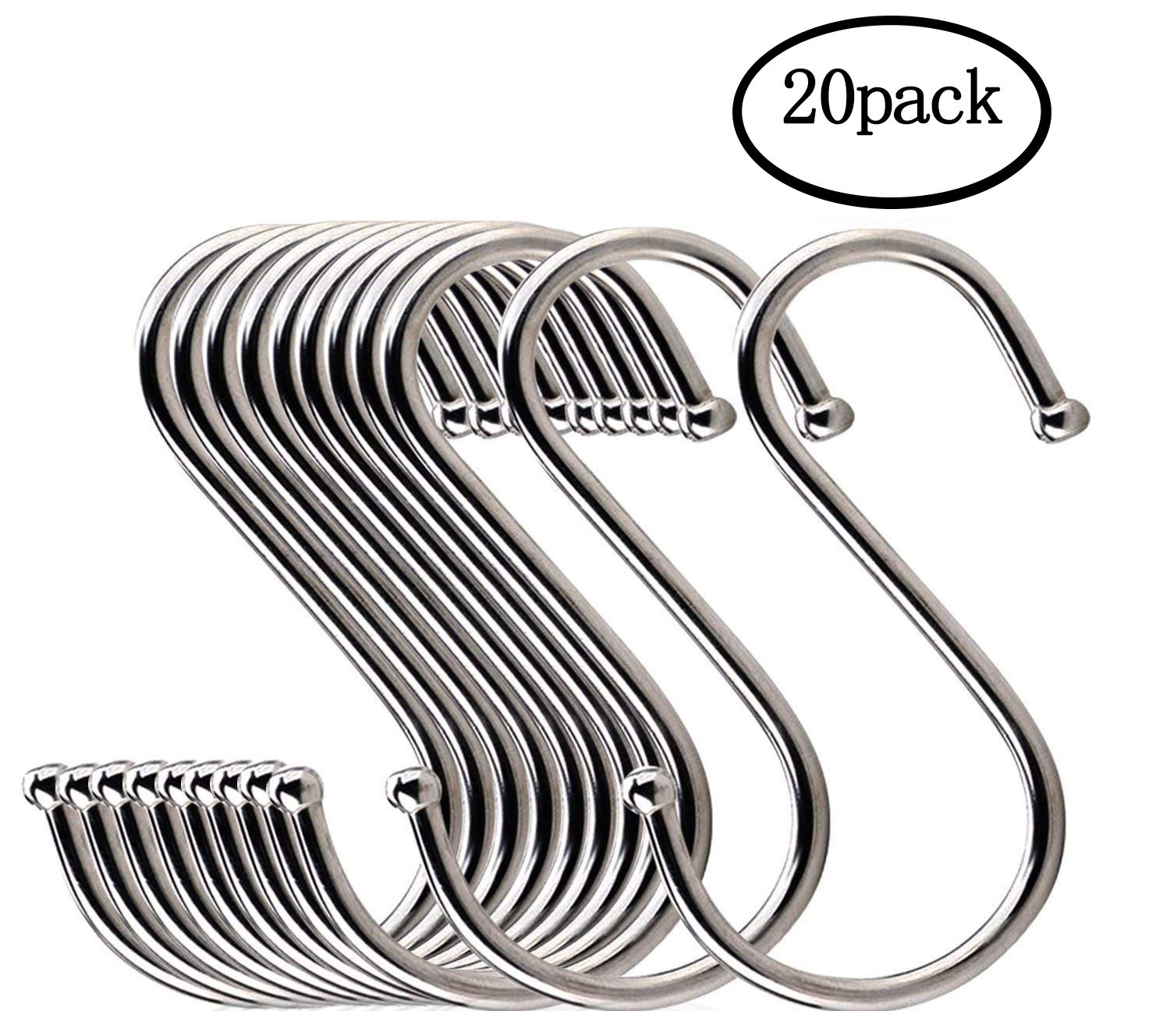 WOVTE Stainless Steel S Shaped Hanging Hooks Kitchen Pot Pan Hanger Clothes Storage Rack Large Pack of 20
