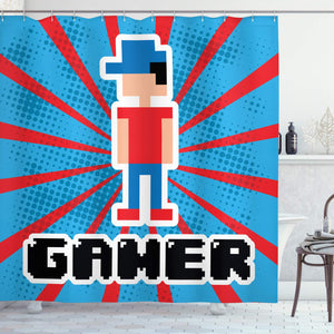Ambesonne Video Games Shower Curtain, Blue and Red Striped Boom Beams Retro 90's Toys Boy with Cap, Cloth Fabric Bathroom Decor Set with Hooks, 75" Long, Vermilion Blue