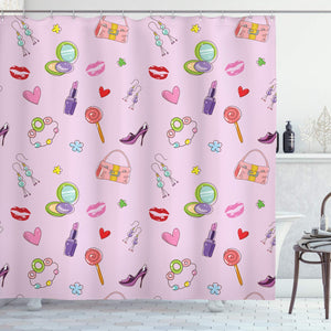 Ambesonne Princess Shower Curtain, Girls Illustration with Fashion Accessories and Makeup Lollipop Flower Print, Cloth Fabric Bathroom Decor Set with Hooks, 70" Long, Pink Purple