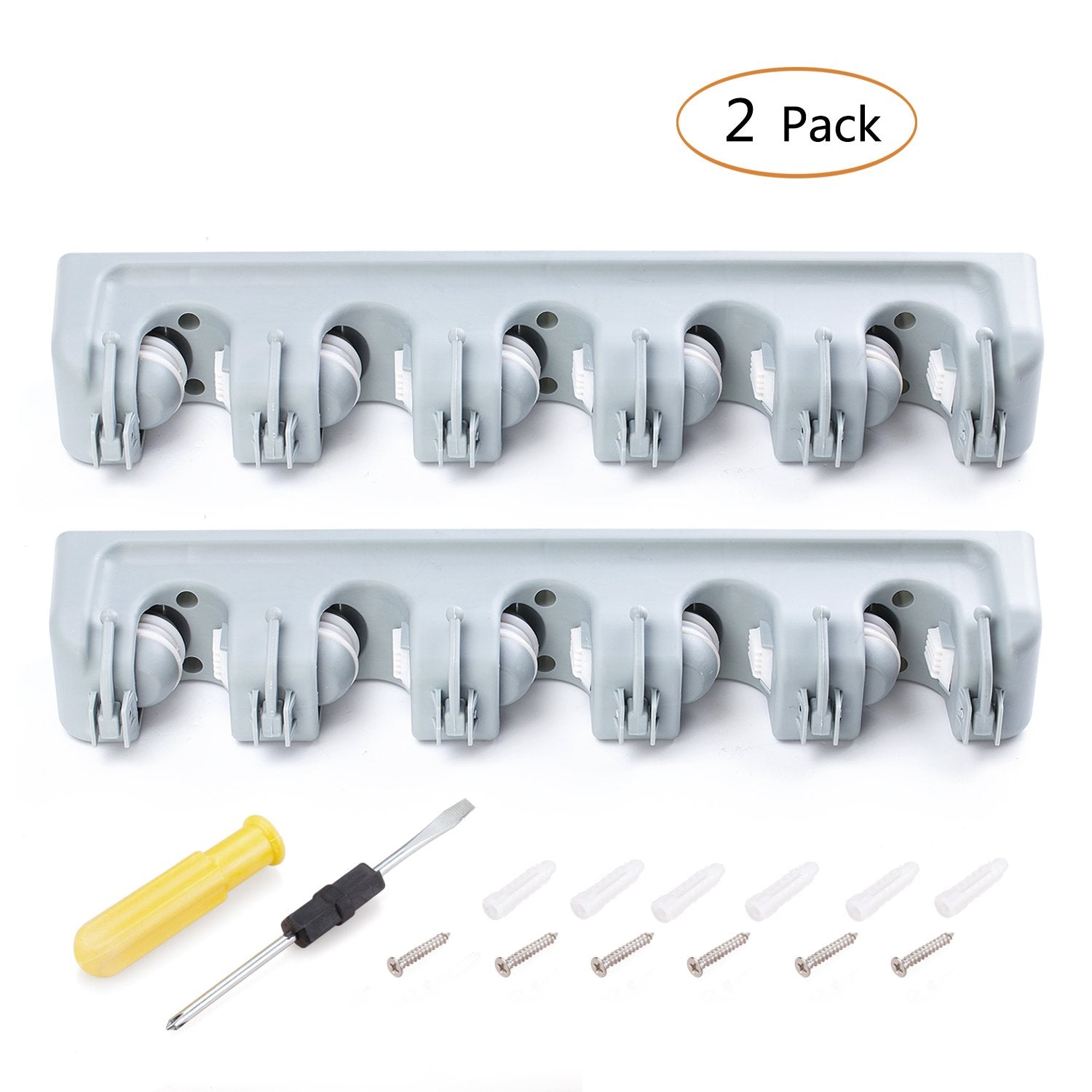 Mop and Broom Holder Organizer Key Rack Towel Hooks Wall Closet Mounted with 5 Ball Slots and 6 Hooks Storage Rack Handle Grips for Kitchen Garden and Garage, Laundry Offices ( 2 Pack, Grey)