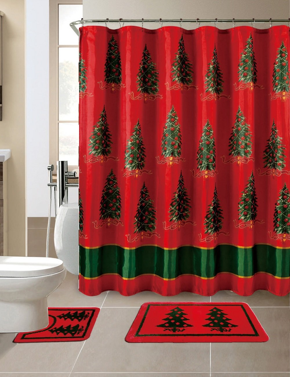 Season's Greetings 18 Piece Embroidery Bath Set. Bath Mat, Contour Mat, Shower Curtain,12 Matching Roller Shower Hooks, 3 Piece Matching Towel Seat Small to Large (18 Piece,Merry Christmas Trees)