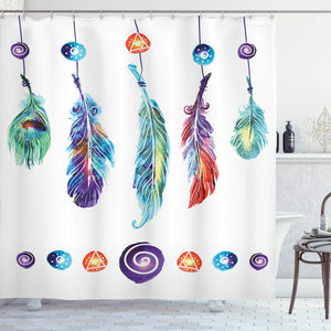 Ambesonne Boho Shower Curtain, Several Tribal Feather Group in Psychedelic Hippie Universe Cosmos Harmony Forms, Cloth Fabric Bathroom Decor Set with Hooks, 75" Long, White Purple