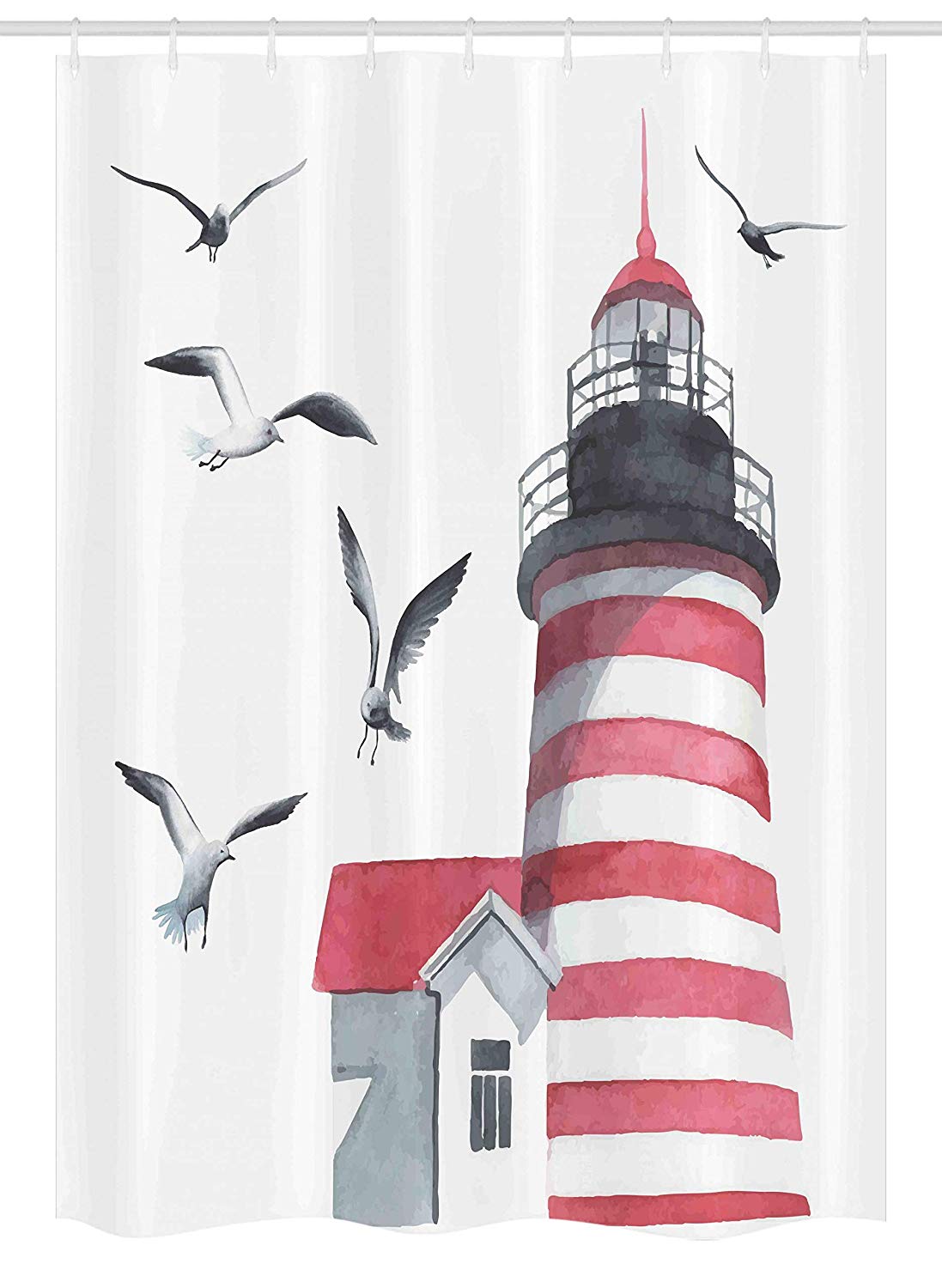 Ambesonne Lighthouse Stall Shower Curtain, Lighthouse and Seagulls on The Beach Navigational Aid Seaside Waterways Art, Fabric Bathroom Decor Set with Hooks, 54 W x 78 L Inches, Red Grey White