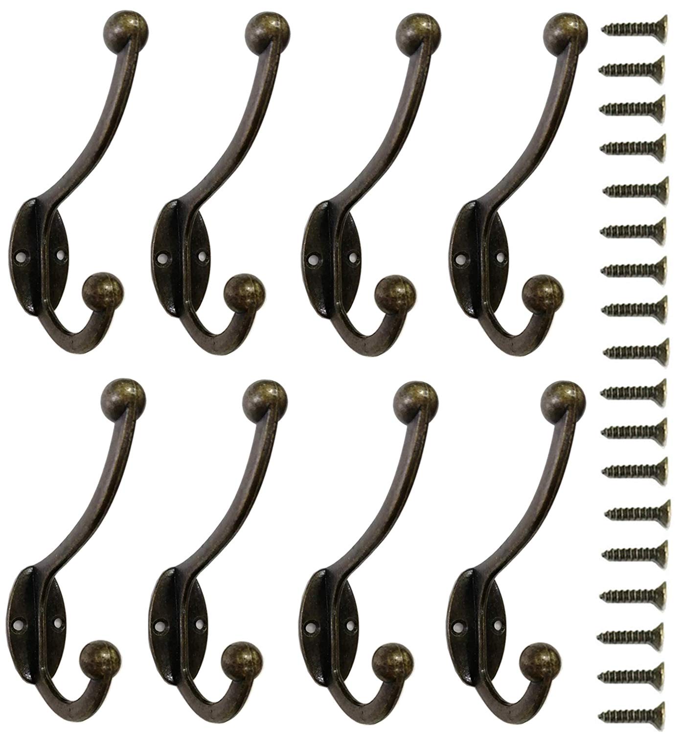 8 Pieces Coat Hooks Wall Mounted 35 LB Utility Hooks Heavy Duty Cup Metal Hooks Dual Robe Hook Rustic Hooks Retro Double Hooks Coat Hanger and 18 Pieces Screws (Bronze Color)