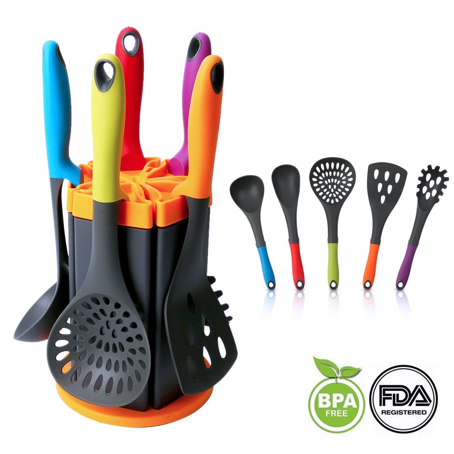 Nylon Kitchen Utensils, MCIRCO 11-piece Silicone Cooking Utensil Set Durable Heat-resistant Non-stick with Non-skid Rotating Stand Attractive Rotating Holder (6 pack)