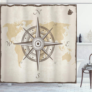 Nautical Decor Shower Curtain Ambesonne, Compass on Background of Old Map with Torn Border Frame Illustration Print, Fabric Bathroom Set with Hooks, 84 Inches Extra Long, Browny Green Beige