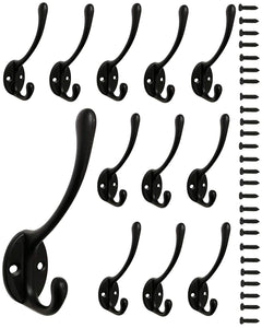 8 Pieces Coat Hooks Wall Mounted 35 LB Utility Hooks Cup Metal Hooks Dual Robe Hook Rustic Hooks Retro Double Hooks Coat Hanger and 18 Pieces Screws (Black Color)