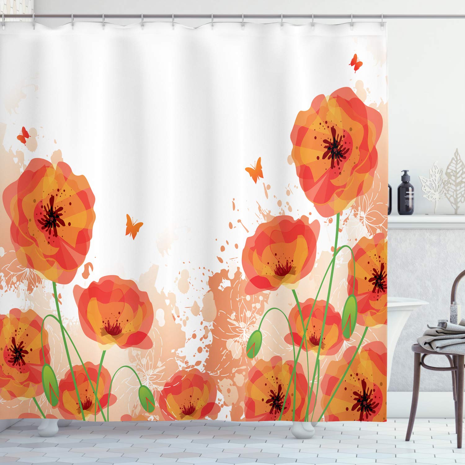 Ambesonne Poppy Shower Curtain, Digital Watercolors Design of Poppy Classic Botany Bouquet Patterns Print, Cloth Fabric Bathroom Decor Set with Hooks, 75" Long, Orange White